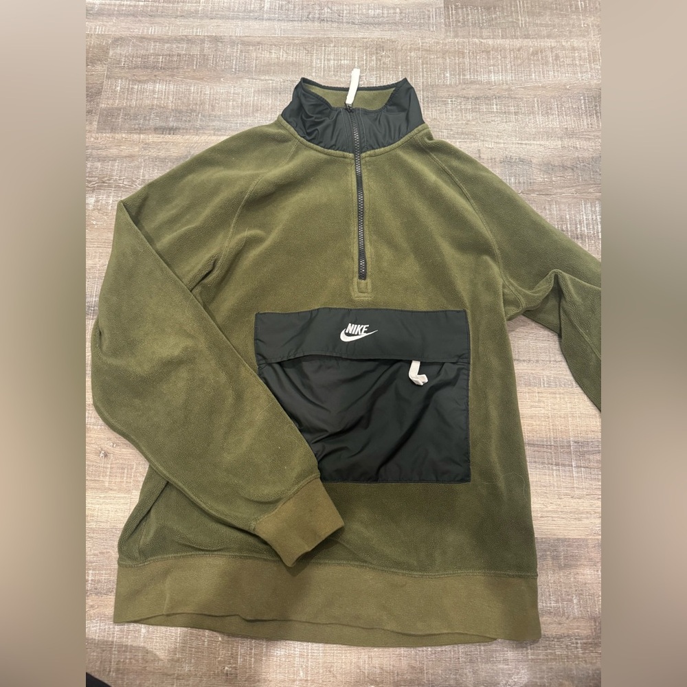 Nike Sweater Men Green Black Anorak Center Swoosh Quarter Zip Fleece Pullover